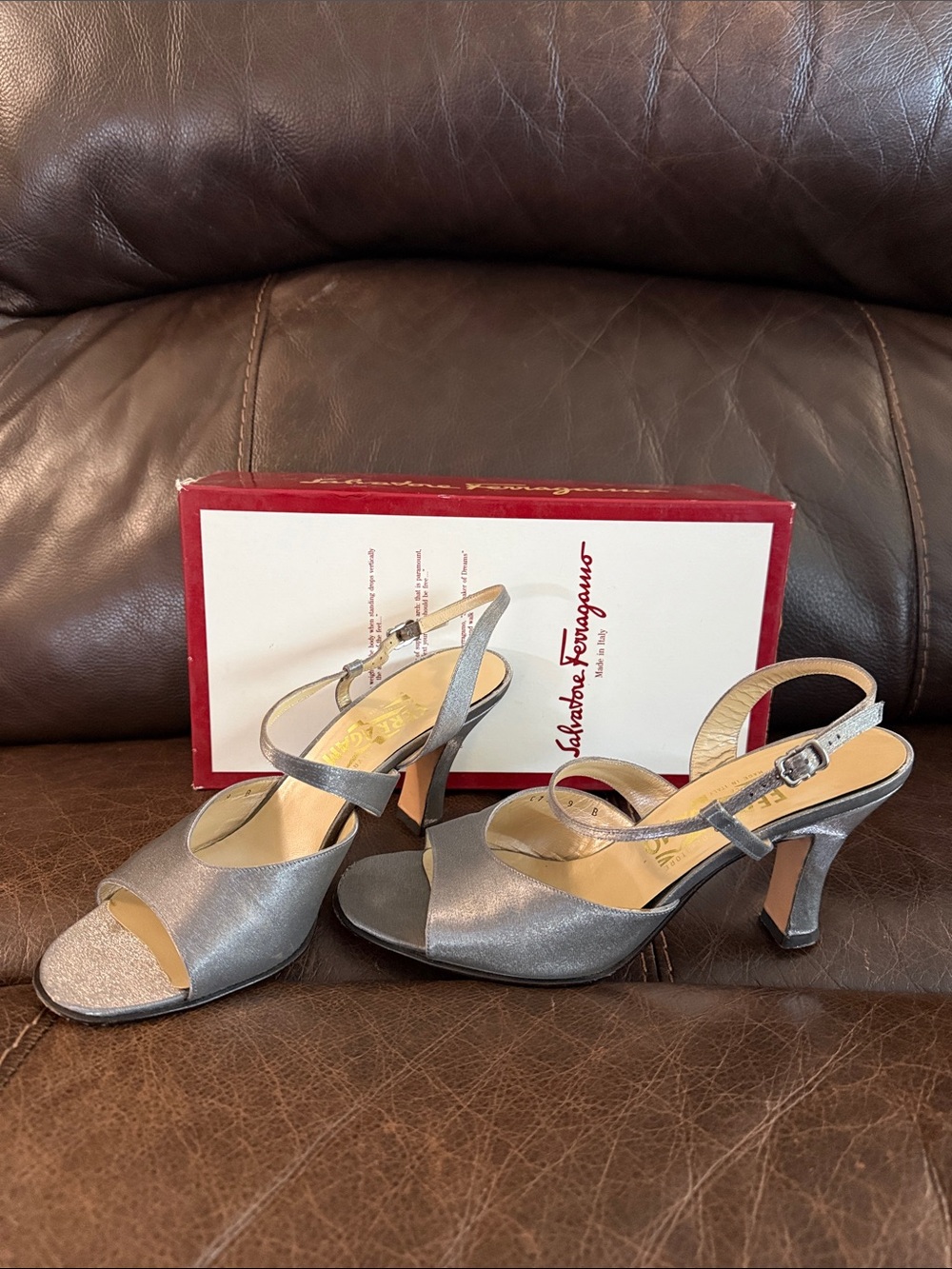 Salvatore Ferragamo Metallic Silver Open-Toe Slingback Heels